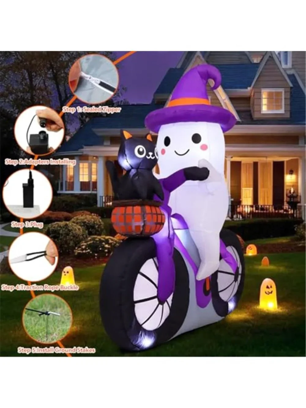 5 FT Halloween Inflatable Ghost Cycling with Cat Blow Up with Built-in LEDs